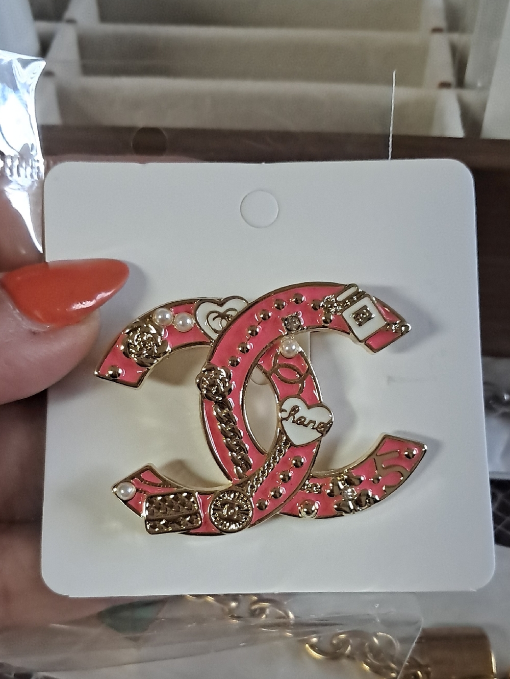 Pink and Gold Interlocking CC Brooch with Pearl Accents